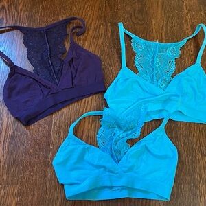 Set of 3 lacy bralettes, 2 blue and 1 purple size small